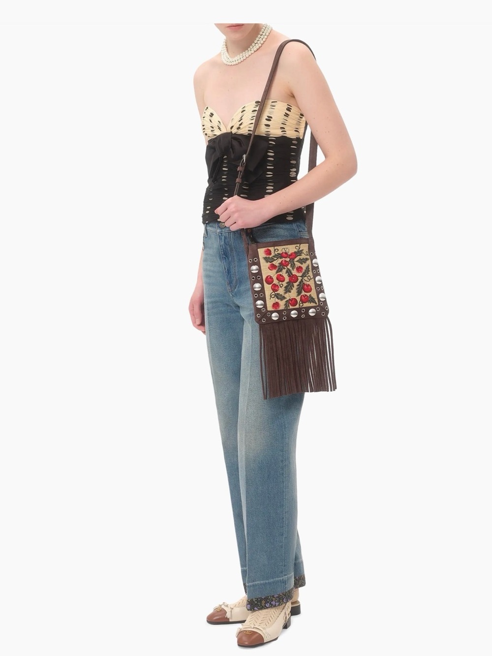 Valentino Garavani Red Cherry Embroidered Fringe Shoulder Bag - Picture 6 of 8